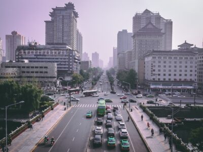 china traffic with cars and buildings