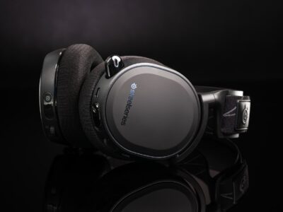 Black gaming headphones in black background